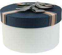 Emartbuy White/Blue Round Rigid Gift Box with Ribbon 14 x 8.5 cm | Luxury Cardboard Presentation Box | Premium Packaging for Hampers, Birthdays, Weddings, Corporate Gifting