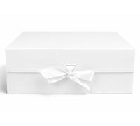 Emartbuy White Flat Pack Magnetic Gift Box with Ribbon - 33.5 x 26 x 15.5 cm - Fits Hampers, Bottles & Large Gifts - Birthdays Weddings Christmas Corporate Gifting Trade Wholesale