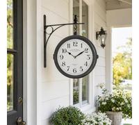 EMAX HOME Vintage Double-Sided Wall Clock with Hanging Bracket, 15 Inch Black Metal Frame, White Dial with Arabic Numerals, Silent Quartz Movement, for Living Room, Hallway, Patio, or Entryway