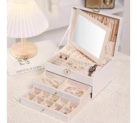 Emazerom 3 Layer Jewelry Boxes for Women with Mirror Large Jewelry Organizer Box with 2 Jewelry Organizer Drawer PU Lockable Elegant Unique Gifts for Mom Wife,White
