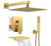 EMBATHER Shower System with Tub Spout, 10 Inches Tub Shower Faucet Set For Bathroom, High Pressure Rain Shower with Handheld Spray, Brushed Gold (Contain Shower Valve and Trim kit)