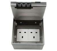 Embedded Socket Box with 2 UK 3-Pin Outlets, Waterproof for Stainless Steel Desktop & Floor Installation, PC + Stainless Steel Construction, Silver Gray, 130x130x89mm