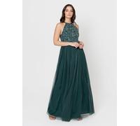 Maya Deluxe Women's Ladies Bridesmaid Maxi Dress Halter Neck Sequin Embellished Prom Graduation Wedding, Emerald Green, 16
