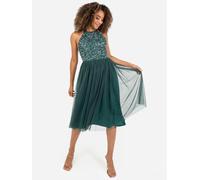 Maya Deluxe Women's Ladies Midi Dress with Halter Neck Tulle for Evening Graduation Prom Wedding Bridesmaids Ball Gown, Emerald Green, 14