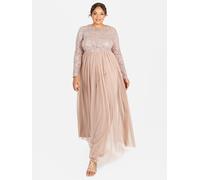 Maya Deluxe Women's Maya Deluxe Taupe Blush Embellished Long Sleeve Maxi Bridesmaid Dress, Taupe Blush, 24 Plus UK