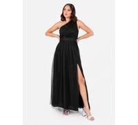 Maya Deluxe Women's Maxi Dress Ladies One Shoulder Sleeveless Floral Sequin Embellished Sash Tie Belt Tulle A-line Split Bridesmaid, Black, 8