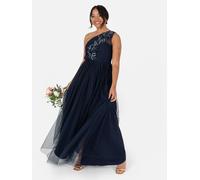 Maya Deluxe Women's Ladies Maxi Dress Sleeveless One Shoulder Sequin Embellished Tulle Split Slit A-line for Evening Prom Ball Gown, Navy Blue, 16