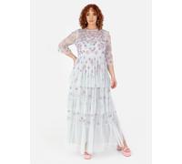 Maya Deluxe Women's Ladies Maxi Dress Round Neck 3/4 Sleeve Floral Sequin Embellished Ruffle A-line for Wedding Guest Prom Ball Gown, Glacier Grey 18