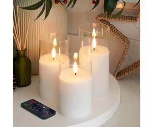 Ember Candles™ 12.5cm, 15cm & 17.5cm Hurricane Clear Glass White LED Flickering Battery Candles - 100% Real Wax, Ultra-Realistic, Flameless, Hand-Poured Design, 6-Hour Timer (with Remote Control)