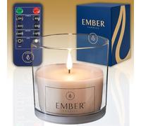 Ember Candles™ 12cm Clear Glass Jar LED Flickering Battery Candle - 100% Real Wax, Chrome Lid, Ultra-Realistic, Flameless, Hand-Poured Design, 6-Hour Timer for Safe Indoor Use (with Remote Control)
