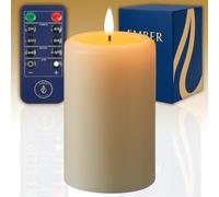Ember Candles™ 15cm Chapel Pillar Ivory LED Flickering Battery Candle - 100% Real Wax, Ultra-Realistic, Flameless, Hand-Poured Design, 6 Hour Timer for Safe Indoor Use (with Remote Control)