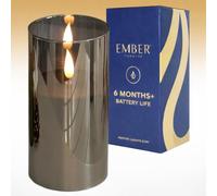 Ember Candles™ 15cm Hurricane Smoked Glass Black LED Flickering Battery Candle - 100% Real Wax, Ultra-Realistic, Flameless, Hand-Poured Design, 6-Hour Timer for Indoor Use (Without Remote Control)
