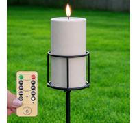 Ember Candles™ - 15cm White Outdoor LED Candle with Adjustable 150cm Stake Holder, Warm White Realistic Flame & Timer - IP44 Garden Pergola Pathway Light, 180 Day Battery Life (with Remote)