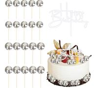 Embhlitfe 21 Pcs Disco Ball Cake Toppers,Disco Ball Cake Decorations Mini Disco Balls for Cake Disco Balll Cupcake Toppers,Pink and Silver Cake Balls for 1970s Disco Cake Decorations (Silver)