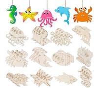 Embhlitfe 36pcs DIY Wooden Crafts Set for Kids,12 Styles Blank Wood Ornaments Include Butterflies, Bees, Snails, Flowers Shape for Painting DIY Crafts Home Craft Party Deco (Ocean)