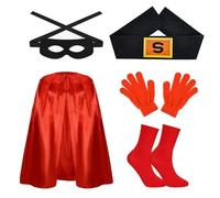 Embhlitfe 5 Pcs Kids Superhero Costume Set with Red Cape, Mask, Gloves & Socks | Premium Satin Fabric | World Book Day Dress Up & Role Play | Boys Girls Ages 5-12
