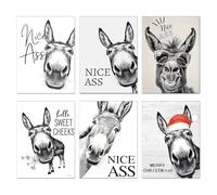 Embhlitfe 6Pcs Funny Donkey Bathroom Canvas Wall Art, 30x20cm Black & White Humorous Animal Posters Prints, Unframed Toilet Decor for Restroom & Guest Washroom Wall Hanging