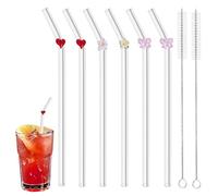 Embhlitfe 6pcs Reusable Glass Straw, Bent Glass Straws with 2pcs Cleaning Brush, Clear Straws with Bows, Flowers, Heart for Smoothie Milk Coffee Coctail Water Juice Cocktail