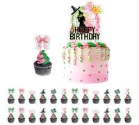 Embhlitfe Witch Cake Toppers Decorations Set for Birthday Party Favor including 1 Big Happy Birthday Cup Toppers and 24 Cupcake Toppers, Wicked-Themed Party Supplies (Pink and Green A)