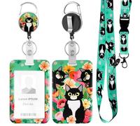 Embhlitife Lanyard with Card Holder, Cute Black Cat Badge Holder Set with Retractable Reel & Detachable Lanyard for Teacher Nurse Student Office