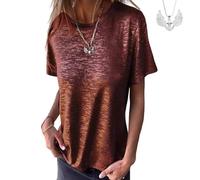 Emboadlie Gold Foil Short-Sleeved T-Shirt, Round Neck Sleeve Top Women's T-Shirt Solid Color Casual Loose (Wine Red,XL)
