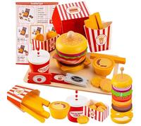 Embosomitr Wooden Hamburger Burger Fast Food Toy Set for kids kitchen Stacking Toys - 33Pcs Pretend Play Food Toy Kitchen Accessories for Toddlers Age 3+ Stacking Toys Montessori Learning Toys