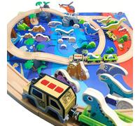 Embosomitr Wooden Train Set 80pc Toddler Dinosaur Toys Magnetic Train Toy Battery Powered Dinosaur Adventure Train Set Wooden Model Railway Track Toys Gift For Boys Girls