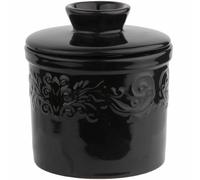 Emboss Pattern Butter Crock with Lid, French Butter Dish for Counter Decor, Butter Keeper with Water Line for Fresh Spreadable Butter- Black 4x4.5inches 5oz