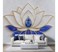 Embossed 3D Stereoscopic Wall Mural 150x105cm, Lotus Flower White Marble Sapphire Non-Woven Fleece Photo Wallpaper, Premium Art Print - Mural Wallpaper Decoration for Bedroom Living Roo