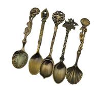 Embossed Alloy 5Pcs Spoon Set Collection, Bronze | Heavy-Duty Retro Tools for Home Café Table Settings, Antique Relief Kitchen Accessories Ideal for Household Cafes