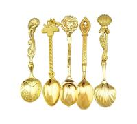 Embossed Alloy Retro Themed 5Pcs Spoon Utensils Set, Gold