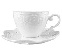 Embossed Floral Cappuccino Cup Set 200ml, European Style White Ceramic Coffee Cup and Saucer Set,Cut Out Saucer,Vintage Tea Cup for Latte,Flat White, Espresso, Americano,Afternoon Tea Cup Saucer