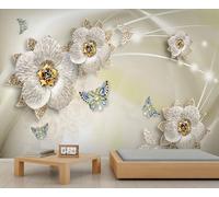 Embossed Floral Murals 3D Floral Butterfly Wall Mural Light Luxury European Flower Mural Not Peel and Stick Wallpaper Wall Sticker for Bedroom Bathroom Kitchen 150 x 100 cm
