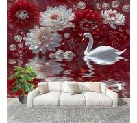Embossed Floral Swan Mural Wallpaper for Living Room TV Backdrop Office Hotel Wall Decoration Poster Red Wall Panoramic Mural Non-Woven Photo Wallpaper 300x210cm