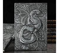 Embossed Leather Journal with Flying Dragon Design - Vintage European Style Hardcover Notebook, Handcrafted PU Cover, Thick Paper, Gift for Writing, Sketching, Diary (Silver)