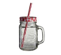 Embossed Mason Jar Mug With Red Gingham Lid and Straw, 450 ml