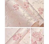 Embossed Rose Floral Contact Paper Self Adhesive Non-Woven Wallpaper Peel and Stick Wall Decor for Girls Living Room Bedroom Kitchen Bathroom Wall (Pink, 53cm x 3m)