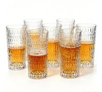 Embossed Textured Highball Glasses Vintage Vertical Diamond Pattern Drinking Cups 330ml Clear Heavy Duty Crystal Water Tumblers for Juice Cocktail Whiskey, Lead-Free Glassware for Home Bar Kitchen
