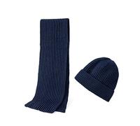 Embouro 2PCS Merino Wool Knit Beanie Scarf Set for Men & Women, Winter Soft Warm Long Scarves with Wool Beanie Hat (Navy)