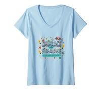 Embrace The Strange: Teacher Edition Quirky Inspirational V-Neck T-Shirt, Women, Baby Blue, L