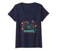 Embrace The Strange: Teacher Edition Quirky Inspirational V-Neck T-Shirt, Women, Navy, XXL
