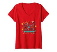Embrace The Strange: Teacher Edition Quirky Inspirational V-Neck T-Shirt, Women, Red, XL