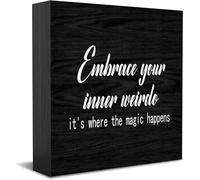 Embrace Your Inner Weirdo, It'S Where The Magic Happens Wooden Box Sign Decorative Funny Office Wood Box Sign Home Office Decor Rustic Farmhouse Square Desk Decor Sign For Shelf 5 X 5 Inches