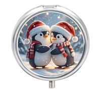 Embracing Penguins Pill Box Portable Pill Organizer with 3 Compartment and Small Mirror Travel Pillcase for Pocket Or Purse Round Medicine Organizer Decorative Vitamin Organizer