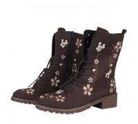 Embroidered Ankle Boots for Women Floral Print Lace up Boot with Side Zip