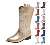 Embroidered Boots Women - Women Mid Calf Boots - Metallic Ankle Boot Pull On Cowboy Shoes Western Cowgirl Shoe Patent Leather Boot Horse Riding Booties Causal Ladies Low Block Heel Shoes