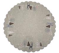 Embroidered Christmas Holiday Reindeer & Christmas Scene on Grey Table Topper, Small Tablecloth (33 Inch Round)