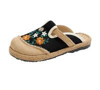 Embroidered Clogs Straw Sliders Women Closed Toe Linen Sliders Retro Printed Clogs Breathable Flat Slides Slip On Backless Sandals Non Slip Beach Slides Trending Style Handwoven Sandals