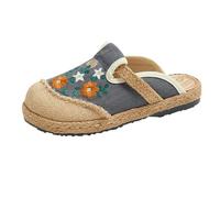 Embroidered Clogs Straw Sliders Women Closed Toe Linen Sliders Retro Printed Clogs Breathable Flat Slides Slip On Backless Sandals Non Slip Beach Slides Trending Style Handwoven Sandals