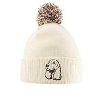 Embroidered Cocker Spaniel Bobble Hat - Cocker Spaniel Beanie Hat with Bobble Pom Pom - Christmas Dog Owner Lover Gift Idea for Men Women Kids, One Size, Off White/Mocha